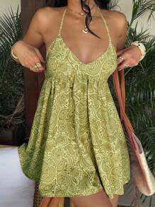 Sunnyshic Paisley Print Deep V-Neck Mini Dress - Dark Green - View 1