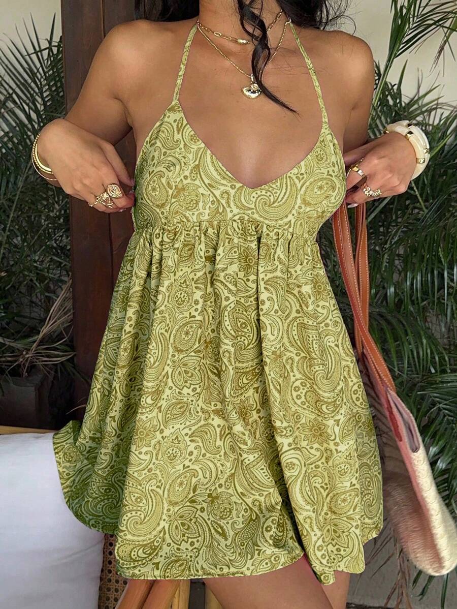 Sunnyshic Paisley Print Deep V-Neck Mini Dress - Dark Green - View 1