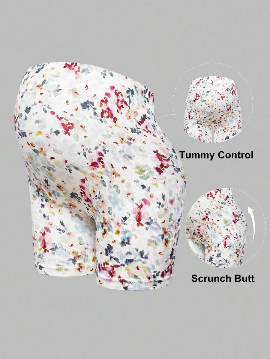 SHEIN Short de maternité imprimé floral, décontracté, fitness, entraînement - Multicolore - Voir 1