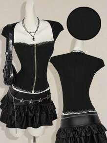 SHEIN ICON Y2k Summer Going Out Burgundy Goth Women's Casual Zipper Crew Neck T-Shirt, Minimalist & Fashionable, Suitable For Summer - Black - View 4