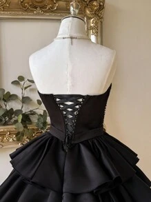 Lovelzi 优雅、浪漫、性感的黑色缎面面料，深 V 领，收腰，紧身胸衣，大量水钻装饰，有骨紧身胸衣，后背系带，A 字裙，褶皱设计，适合毕业典礼、学校开学典礼、音乐节、生日派对、婚礼、舞会礼服 - 黑色 - 查看 8