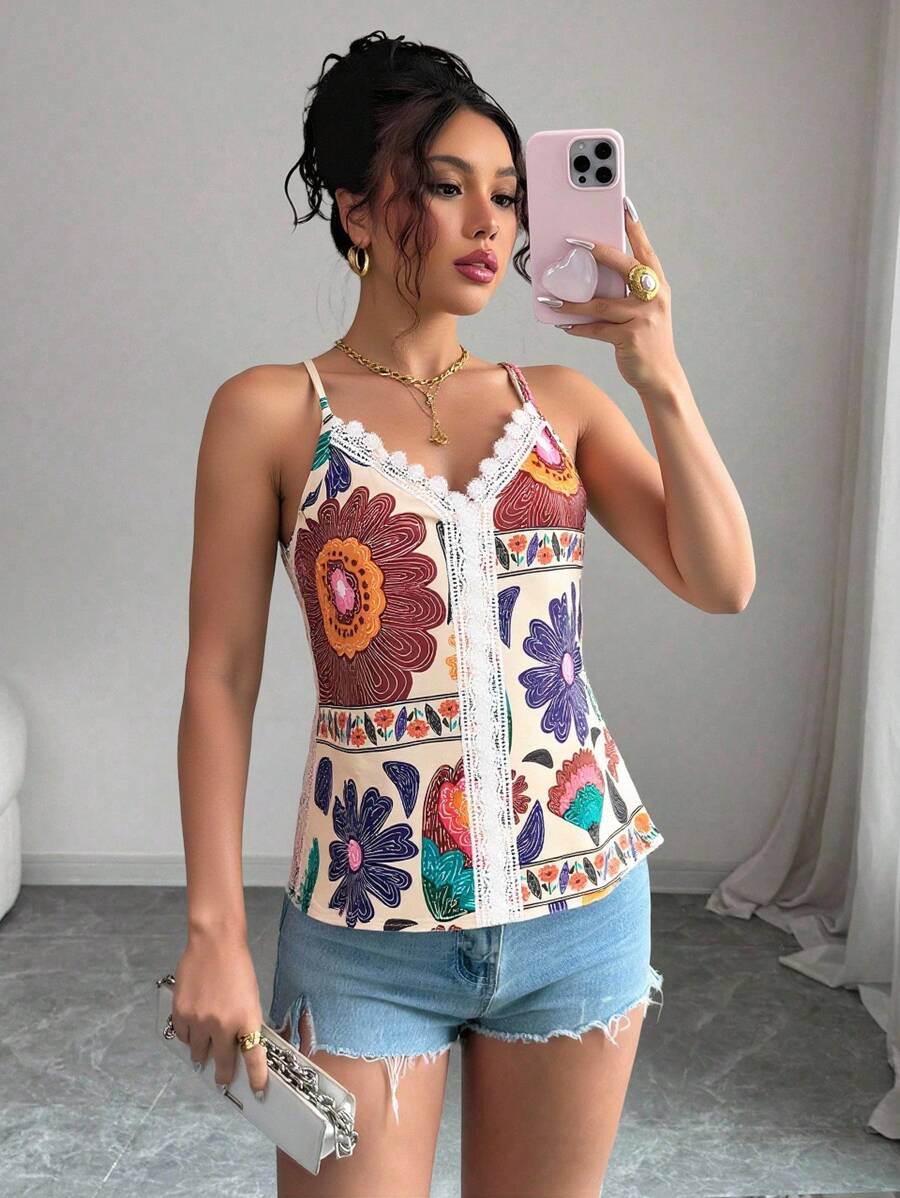SHEIN LUNE Vacation Leisure Flower Print Splice Lace Camisole Top Graphic Tees Women Tops