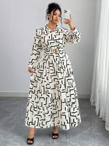 Flirla Damen Große Größen Geometrisches Muster Langarm Rüschen Saum Lässig Hemdkleid - Aprikosenfarben - Übersicht 7