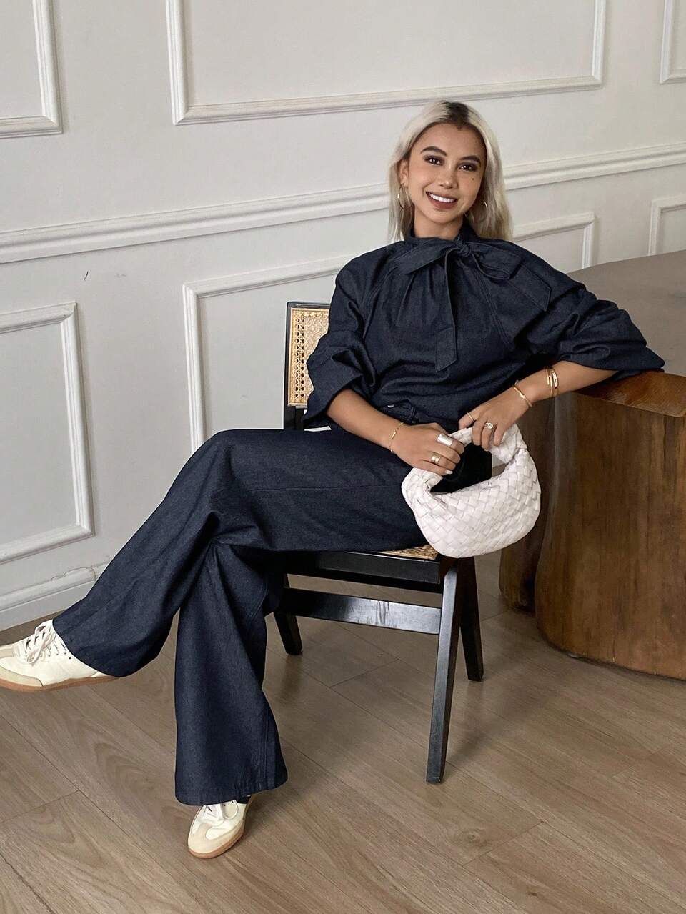Women's Tie-Up Korean Style Long Sleeve Shirt And Loose Fit Long Pants 2 Pieces Denim Suit Petite