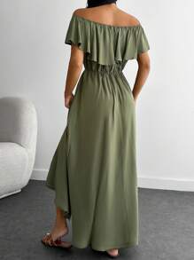 EURMUSE Petite Petite Size Holiday Ruffle Off Shoulder Dress - Army Green - View 2