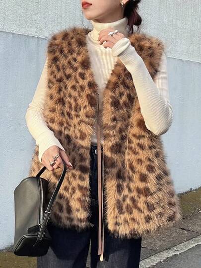 FRIFUL Women's Leopard Print Fuzzy Front Tie Sleeveless Regular Jacket Faux Fur Vest Leopard Print Vest Animal Print Vest Fur Vest Cheetah Print Vest Fall/Winter