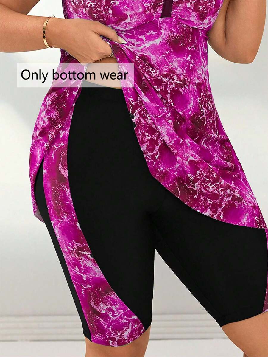 Swim Lushoire Plus Size Women's Printed Splice Mid-Thigh Length Swim Shorts, Beach Party Holiday Swimwear For Summer Beach Vacation