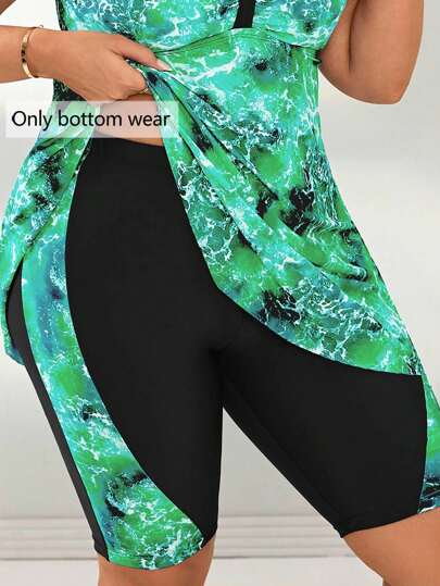 Swim Vcay Plus Size Women Digital Print Patchwork Mid-Thigh Board Shorts Swimsuit For Beach Party Holiday For Summer Beach Vacation