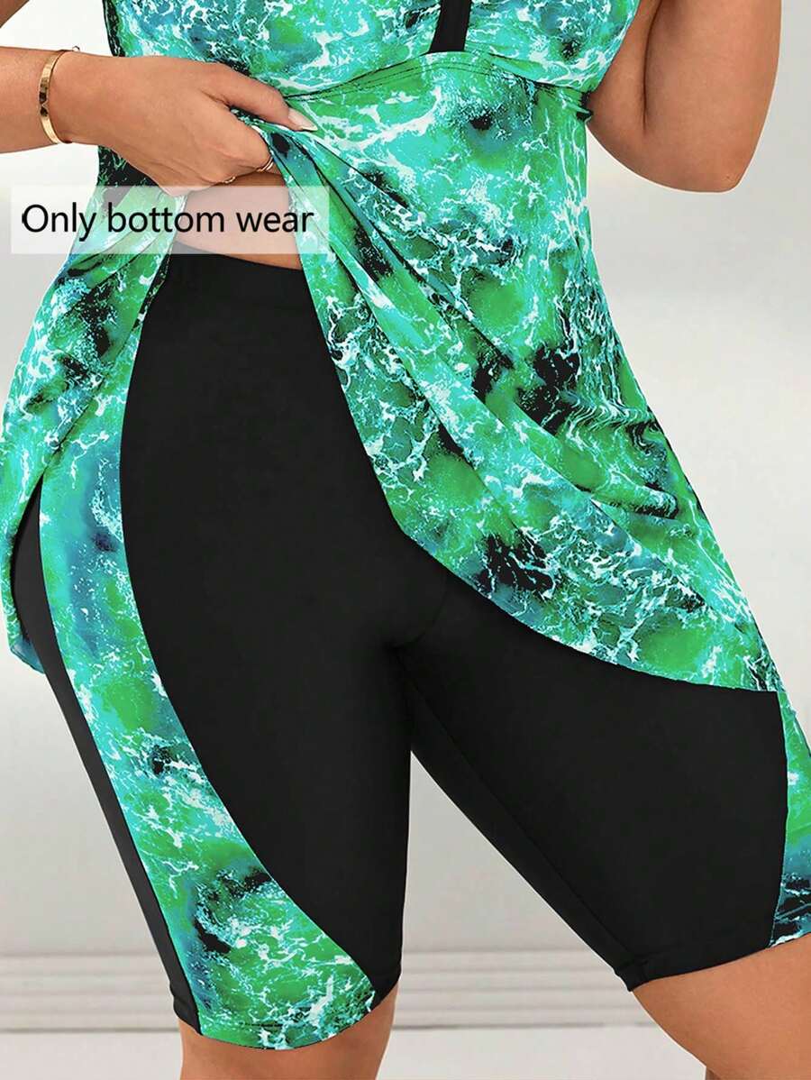 Swim Vcay 大码女式数码印花拼接中长沙滩短裤泳衣，适合海滩派对度假 - 綠色 - 查看 1