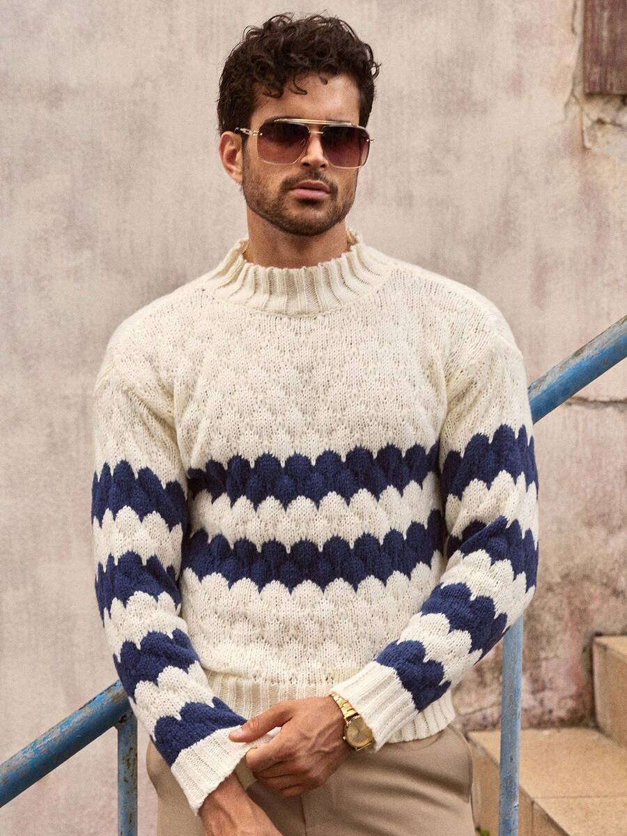 HIMLAND Maglione casual oversize da uomo con collo rotondo, a righe e contrasto di colori, maglia larga, maglione da uomo, maglieria da uomo, maglione da uomo, pullover da uomo, maglione a fantasia da uomo, maglione a righe da uomo, autunno inverno