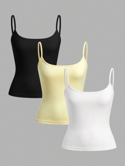 SHEIN EZwear 3pcs/Set Women's Black, White, Cream Sleeveless Cropped Tight Fit Camisole Tank Tops, Suitable For Summer