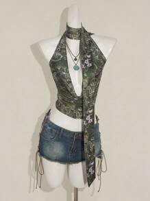 SHEIN ICON Y2k V 领西部女式波西米亚海滩女式嬉皮夏季外出复古佩斯利印花女式全身花卉印花垂坠性感吊带背心，夏季度假休闲 - 綠色 - 查看 3