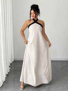 Elenzga Plus Size Elegant Sexy Backless Halter Colorblock Dress, Summer - Beige - View 4