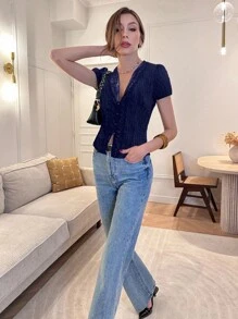 Pariaura 法式蕾丝V领纽扣褶皱女式衬衫，适合大学生穿着 - 藏蓝色 - 查看 6