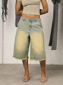 COUREZ 低腰长款水洗牛仔短裤/Y2K出街穿搭可爱性感度假装女式街头复古阔腿裤 - 淺色水洗藍 - 查看 2