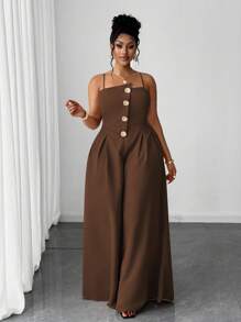 Maweii 大码无袖单排扣百褶宽松时尚金属纽扣连体裤 - 棕色 - 查看 5