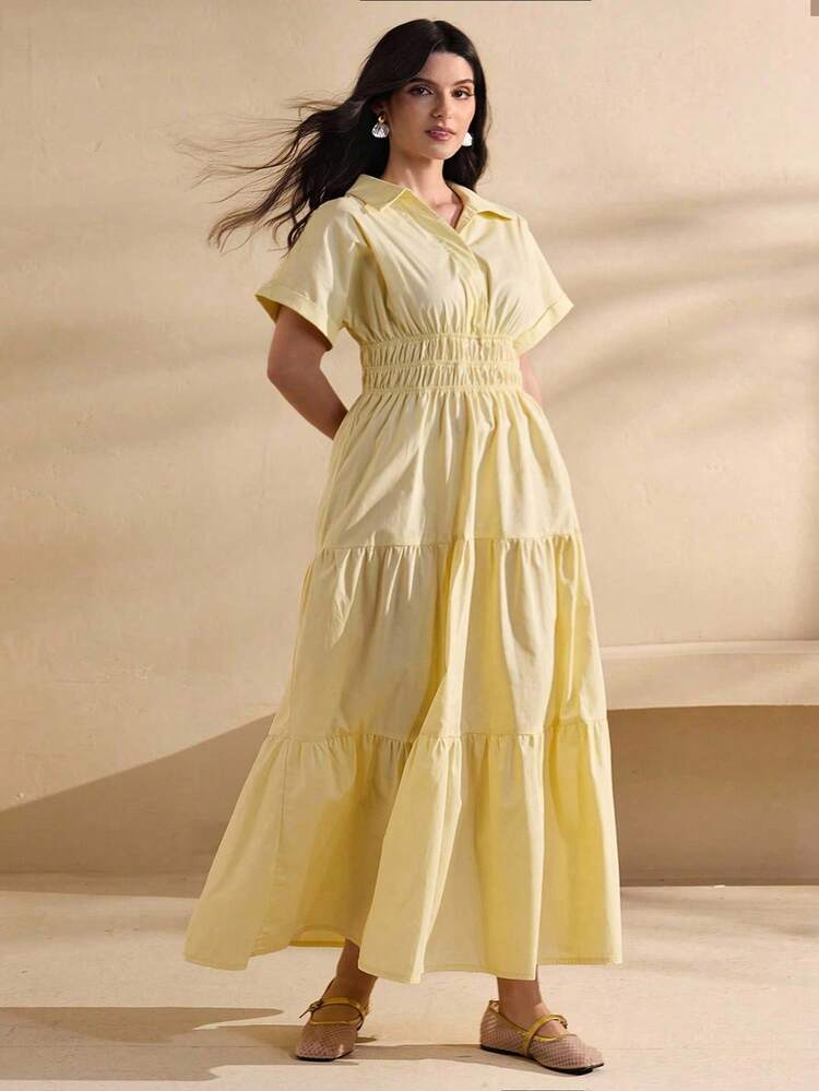 Modelyn Plus Size Women's Fashion Ruched Waist Elastic Collar Cotton Dress, Yellow - Yellow - View 5
