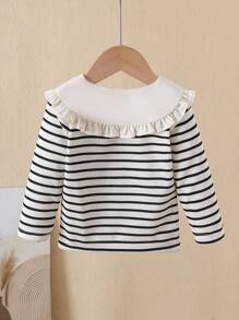 SHEIN Infant Polo Shirt Top, Baby Boy Striped Long Sleeve Crew Neck T-Shirt, Elegant Spring/Autumn New Style Undershirt Fall Winter - Black and White - View 2