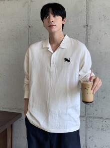 DAZY 男式刺绣图案白色半襟 Polo 领衬衫，春夏 - 白色 - 查看 1