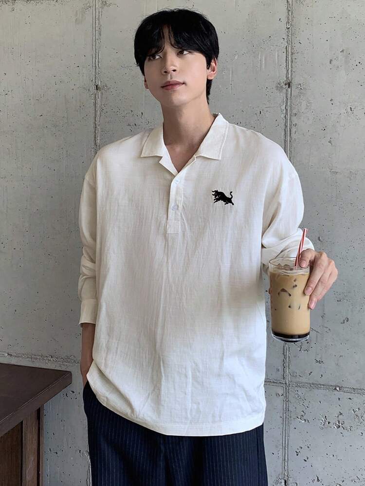 Men's Embroidered Pattern White Half-Placket Polo Collar Shirt, Spring/Summer