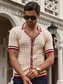 Manfinity VCAY Camisa de punto de manga corta para hombre, cuello polo, perforada de dos colores, suéter ajustado de moda personalizado, camisas de ganchillo para hombre, camisa de punto para hombre, camisa retro para hombre, camisa de punto para hombre, camisa de resort para hombre, para otoño e invierno - Albaricoque - Ver 5