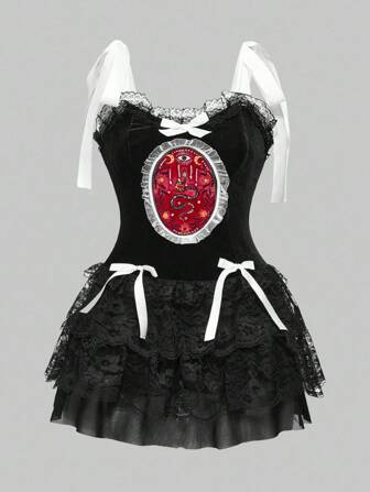 EDITION Vestido de terciopelo con cuello de atar, con bordado de serpiente y hoja, con encaje de contraste y colgante cruzado, estilo vintage palaciego para mujer