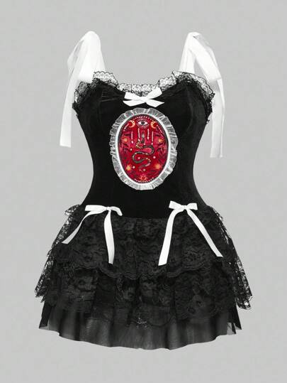 EDITION Abito da donna in velluto con collo alto e laccio, con pendente a croce, ricamo di serpente e foglie, e bordo in pizzo a contrasto, in stile vintage