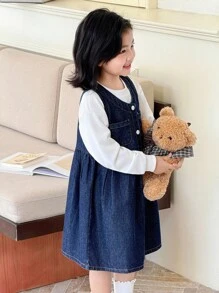 Genkimix Kids 2 pezzi Set di Vestito Salopette in Jeans e Maglietta Bianca a Maniche Lunghe per Ragazze, Abbigliamento per il Ritorno a Scuola, Divisa Scolastica, Outfit per il Ritorno a Scuola dei Bambini - Blu Navy - Visualizzare 4