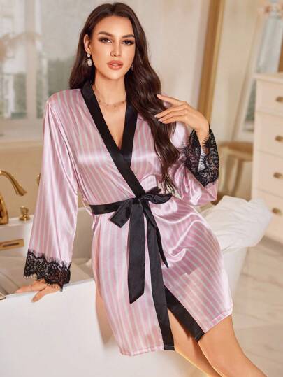 LuxeNights Elegant Pink Satin Robe With Knot Detail And Long Sleeve, Lingerie Satin Robe With Lace Trim Striped Sleepwear, Fall & Winter  Cozy And Elegant Details