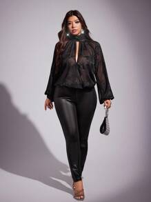 Viva Relle 大码女士新年乔其纱系带蝴蝶结性感透视吊带背心 - 黑色 - 查看 3