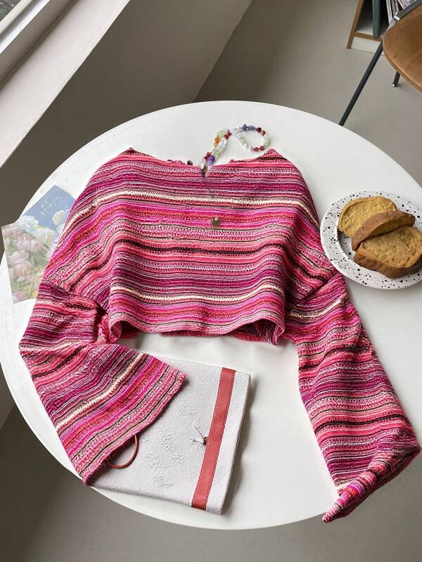 Comfortcana Women's Boat Neck Striped Long Sleeve Top In Soft Knitted Fabric For Stylish Everyday Wear,Fall Clothes For Women,Fall Tops Pink Striped Top Long Sleeve Crop Top