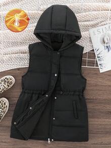 Sparklyn Tween Girls' Hooded Cinched Waist Padded Vest, Mid-Length Zipper, Sleeveless Jacket, Versatile For Autumn/Winter Fall - Black - View 3