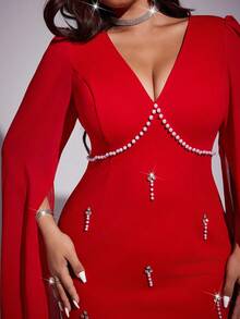 Viva Relle 大码女士优雅浪漫奢华派对、宴会、婚礼宾客、新年轻盈连衣裙，饰以钻石和珍珠，V领，雪纺泡泡袖，收腰设计，直筒廓形，长款连衣裙，秋冬款 - 紅色 - 查看 6