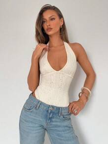 Almamuse Petite Bộ đồ liền thân ren cổ chữ V gợi cảm ôm sát - Màu be - Xem 4