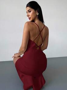 Firerie 女士优雅约会、度假、婚礼季节细肩带垂坠领口金属装饰交叉露背褶皱杏色纯色长裙 - 酒紅色 - 查看 3