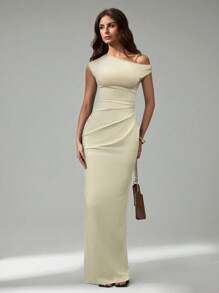 SHEIN Tall Váy cổ lệch màu thanh lịch dành cho nữ - Màu be - Xem 3