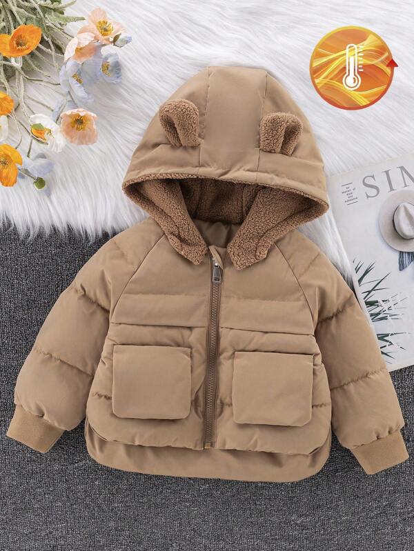 SHEIN Infant/Toddler Girls' Padded Coat, New Winter Hooded Faux Fur Lined Coat With Zipper And Real Pockets, Short Front Long Back Fashion Stylish Design Fall