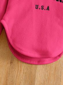 SHEIN 年轻女孩 2 件/套摇粒绒字母刺绣落肩弧形下摆连帽衫和紧身裤套装，运动风格，非常适合秋冬季休闲、日常穿着和学校日常穿着 - 玫紅色 - 查看 5