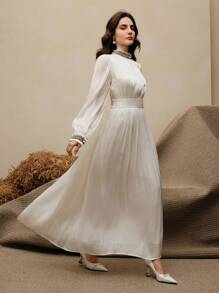 Anewsta Women's High-End Elegant Flowing Rhinestone Embellished Long Dress - White - View 4