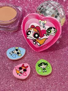 THE POWERPUFF GIRLS X SHEIN 4 件套可爱花朵、泡泡、毛茛图案化妆海绵套装，包含 1 个天鹅绒粉扑、3 个手指粉扑，适用于各种化妆品、飞天小女警、泡泡、花朵、毛茛、友谊、爱情 - 彩色 - 查看 3