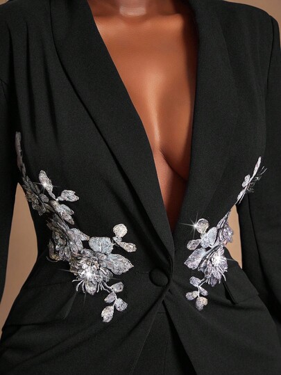 Radiana Plus Size Women's Fall & Winter,Spring&Summer Elegant Gorgeous Basic Hand-Sewn Delicate Sequin Embroidery Decoration Slim Suit Blazer,Suitable For High Street Style,Office Autumn