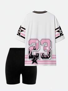 女士休闲纽约字母标语、数字 23 图形印花 T 恤和骑行短裤两件套，时尚且 - 彩色 - 查看 2