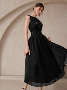 Modelyn Đầm suông cổ tròn xếp ly không tay đính đá sang trọng cho nữ - màu đen - Xem 2