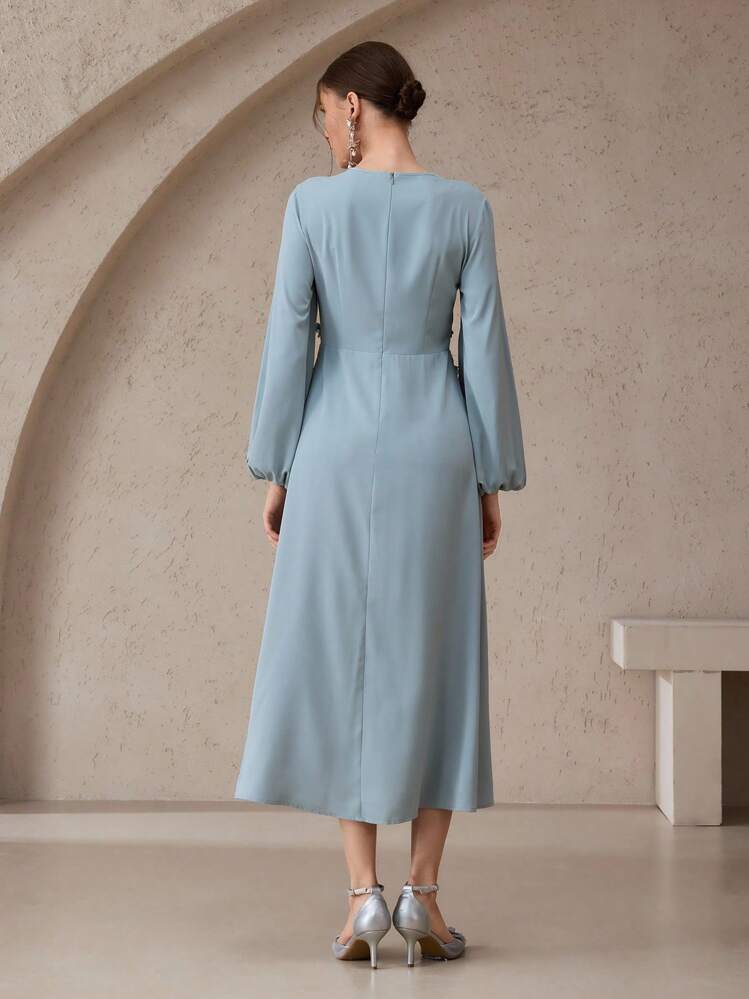 Modelyn 女士圆领长袖灯笼袖刺绣串珠长裙 - 綠色 - 查看 4