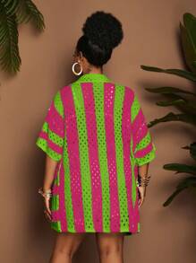 Maweii 大码女式条纹镂空宽松休闲半袖针织开衫，黑白配色 - 彩色 - 查看 2