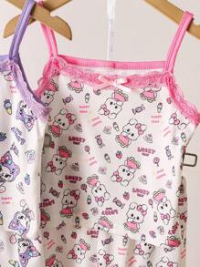 Back To School Fashion 4pcs/Set Young Girl Knitted Camisole & Shorts Set, Cute Rabbit & Kitten Pattern, Purple & Rose Red, Spring/Summer - Multicolor - View 5