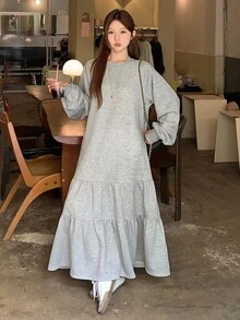 DAZY 女士纯色圆领灯笼袖荷叶边下摆休闲连衣裙长裙 - 灰色 - 查看 4