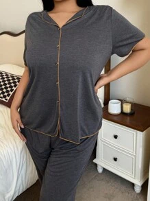 SHEIN 深灰色加大码女式睡裤套装，有领，宽松舒适，灰色睡衣套装，休闲服套装，两件套睡衣套装，配套睡衣套装，服装 - 深灰色 - 查看 4