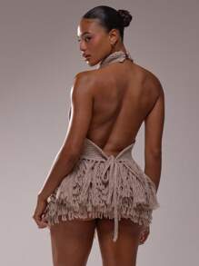 MUSERA Áo len dệt kim tua rua cổ choker, thích hợp cho mùa hè, đi Ibiza, kỳ nghỉ, lễ hội, áo len gợi cảm, áo len mùa xuân, áo len đi nghỉ mát, lễ hội hóa trang. - Màu be - Xem 2