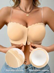 SHEIN Casual Comfy Simple Style Seamless Soft Wireless No Rims Thin Pad Wavy Edge Front Buttoning Jelly Strapless Bra - Apricot - View 1